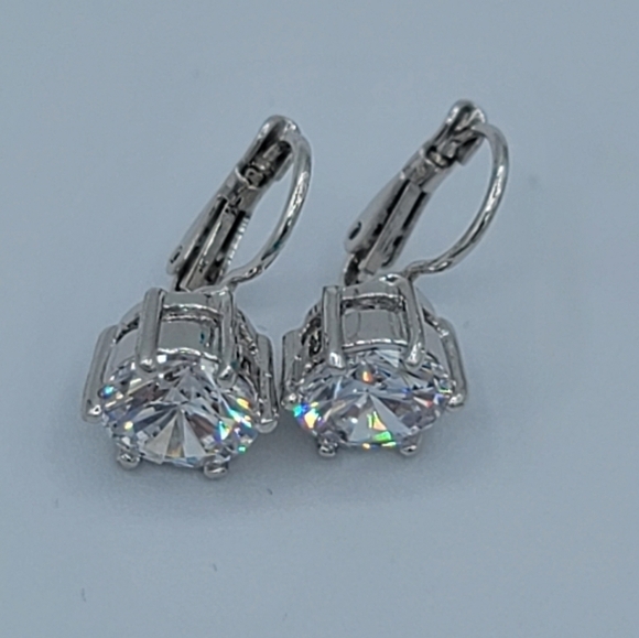 Silvertone Crystal Leverback Earrings #1332 - Picture 8 of 13